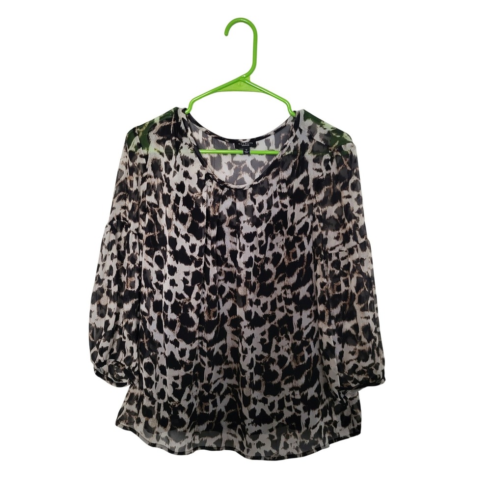 Talbots Blouse Womens 12 Brown Leopard Print Silk Chiffon Lined 3/4 Sleeve Top